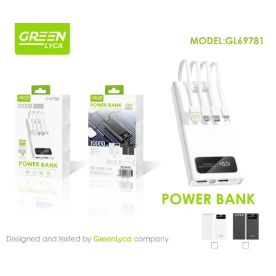 Power Bank 10000mAh PD 22.5W con 4 Cables Integrados y Pantalla LED Green Lyca GL69781